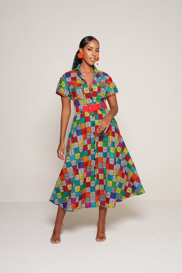 MAZIE BELTED ANKARA MIDI DRESS Lili Creation