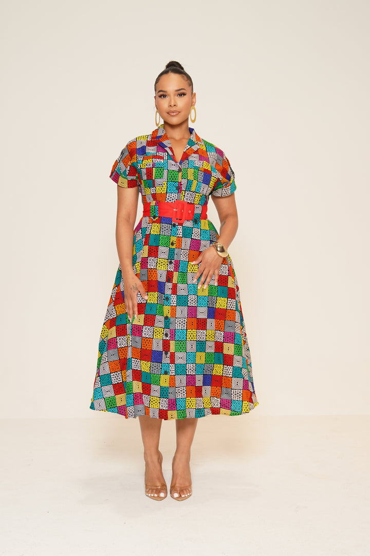 MAZIE BELTED ANKARA MIDI DRESS Lili Creation